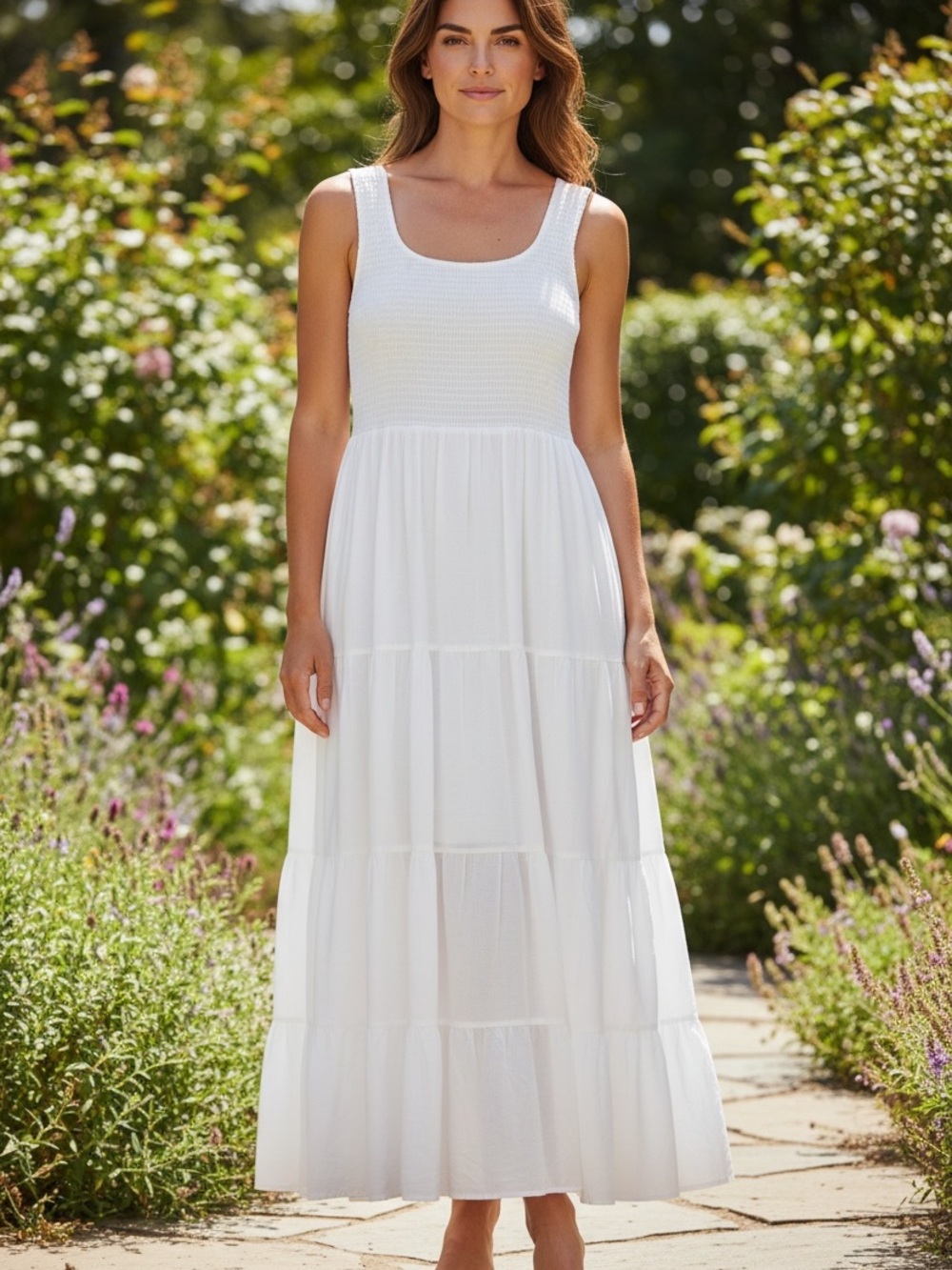 Women’s White Smocked Tank Maxi Dress. Size Large